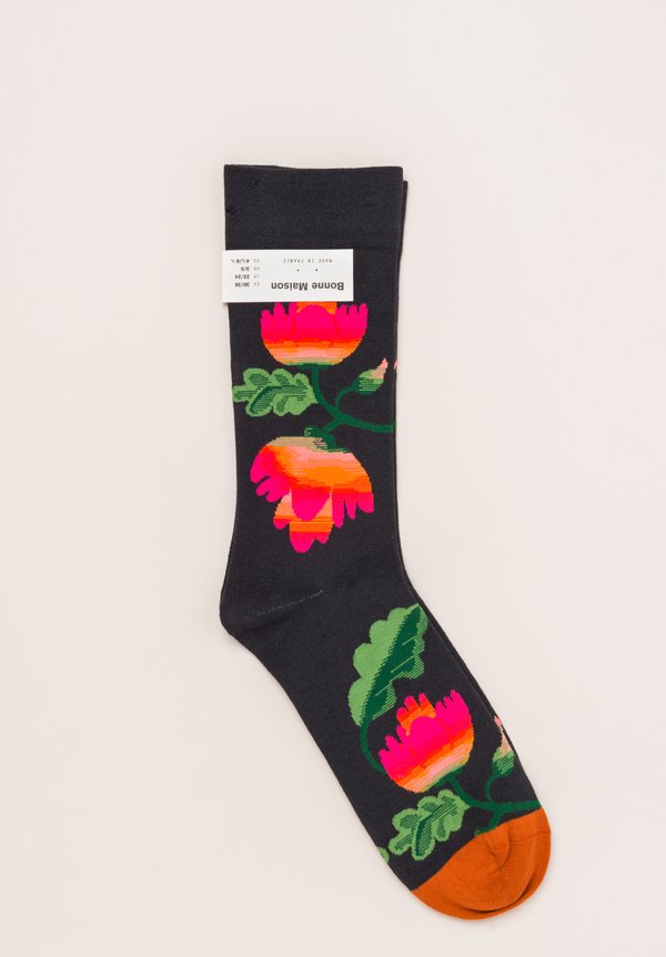 Bonne Maison Calf Length Socks in Flower/Black