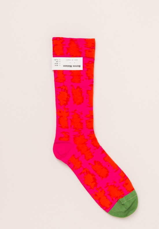 Bonne Maison Calf Length Socks in Tiles/Raspberry