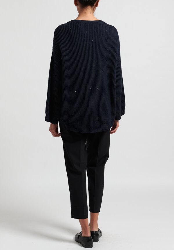 Brunello Cucinelli Cashmere/Silk Relaxed Paillette Sweater in Navy Blue