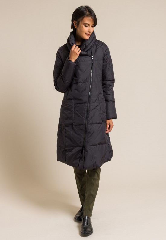 Rundholz Black Label Shawl Collar Long Fitted Puffy Coat in Black