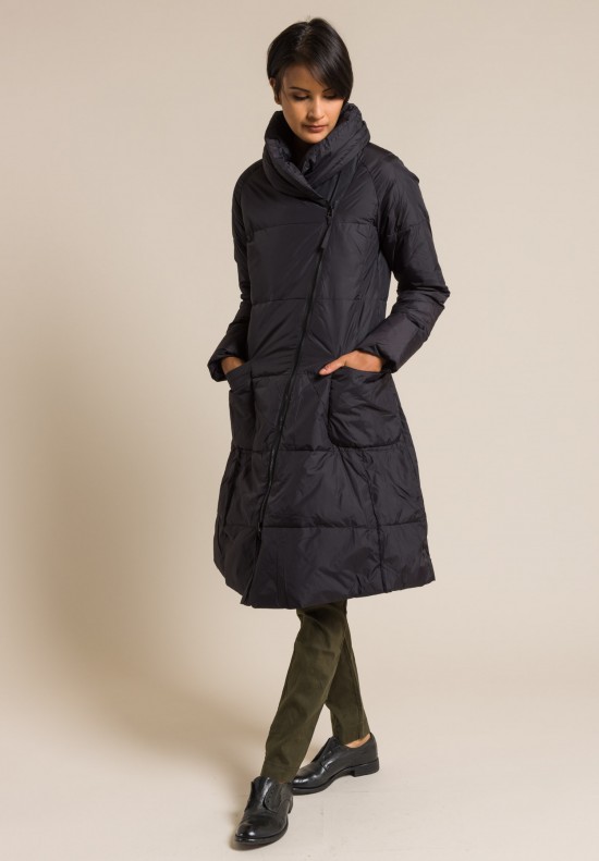 Rundholz Black Label Shawl Collar Long Fitted Puffy Coat in Black