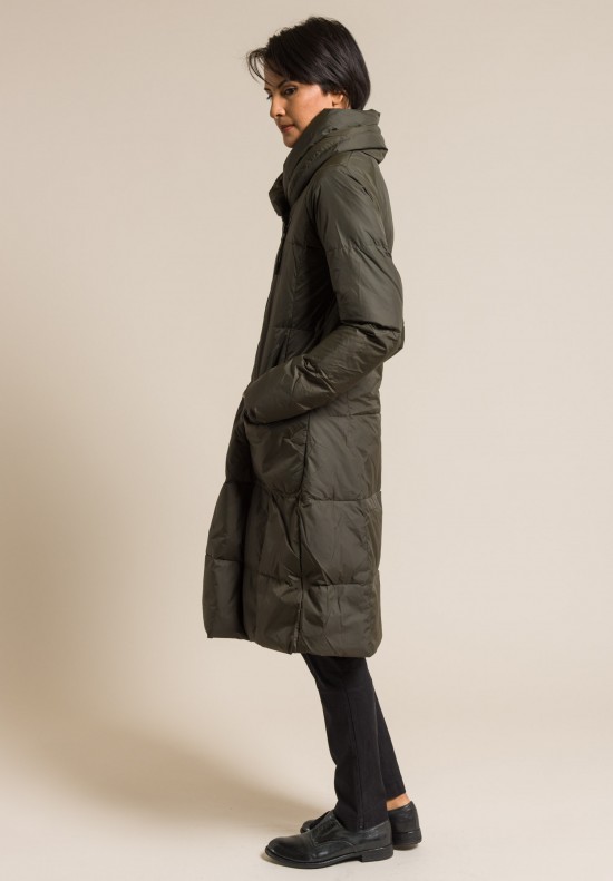 Rundholz Black Label Shawl Collar Long Fitted Puffy Coat in Green