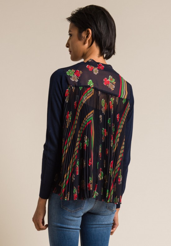 Sacai Wool Pleated Flower Print Back Sweater in Navy | Santa Fe