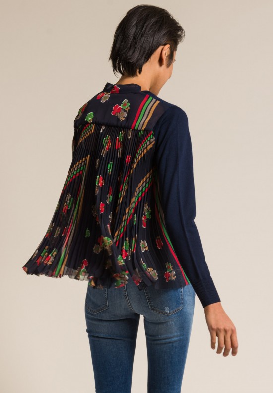 Sacai Wool Pleated Flower Print Back Sweater in Navy | Santa Fe