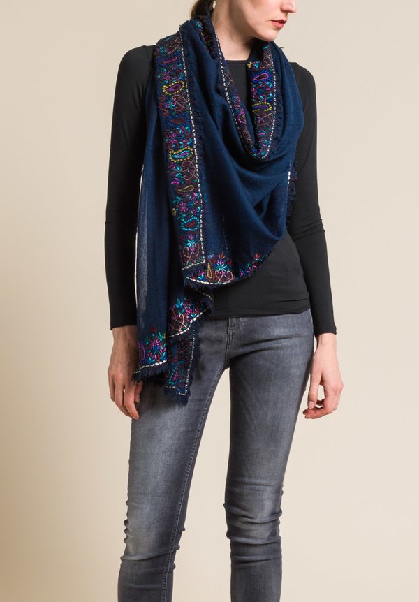 Faliero Sarti Embroidered Lama Scarf in Navy