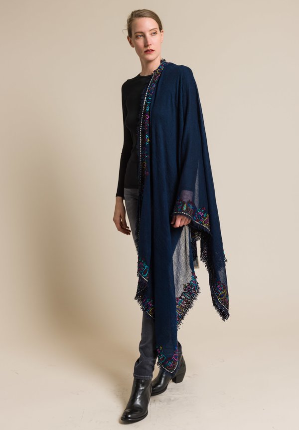 Faliero Sarti Embroidered Lama Scarf in Navy