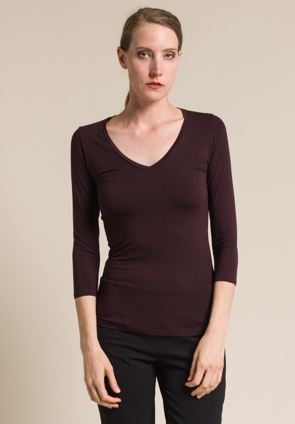 Majestic Soft V-Neck 3/4 Sleeve Tee in Aubergine