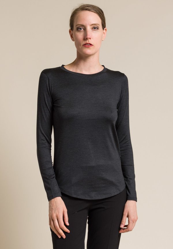 Majestic Silk Crew Neck Long Sleeve Top in Anthracite