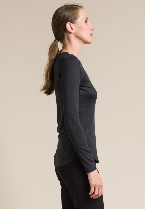 Majestic Silk Crew Neck Long Sleeve Top in Anthracite