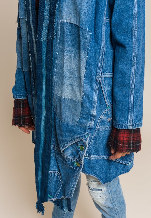 Greg Lauren Long Vintage Denim/Indigo Stripe Jacket in Denim Blue