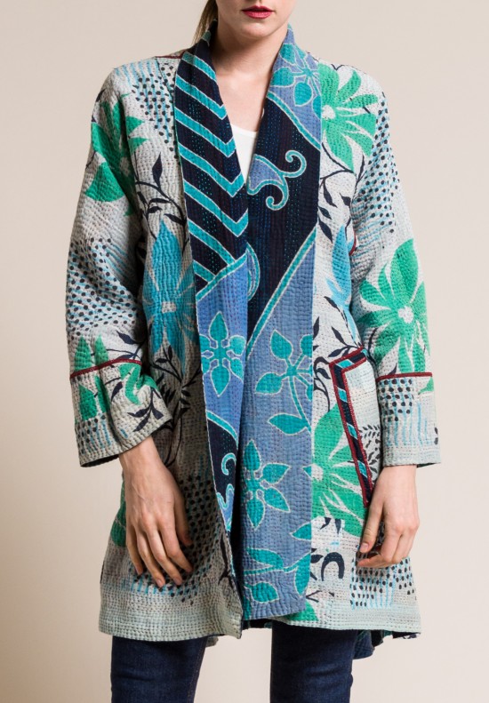 Mieko Mintz 4-Layer Vintage Cotton Long Kimono Jacket in Turquoise/Lavender