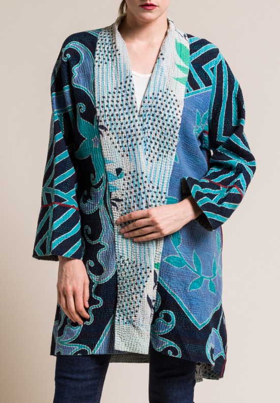 Mieko Mintz 4-Layer Vintage Cotton Long Kimono Jacket in Turquoise/Lavender