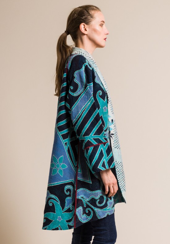 Mieko Mintz 4-Layer Vintage Cotton Long Kimono Jacket in Turquoise/Lavender