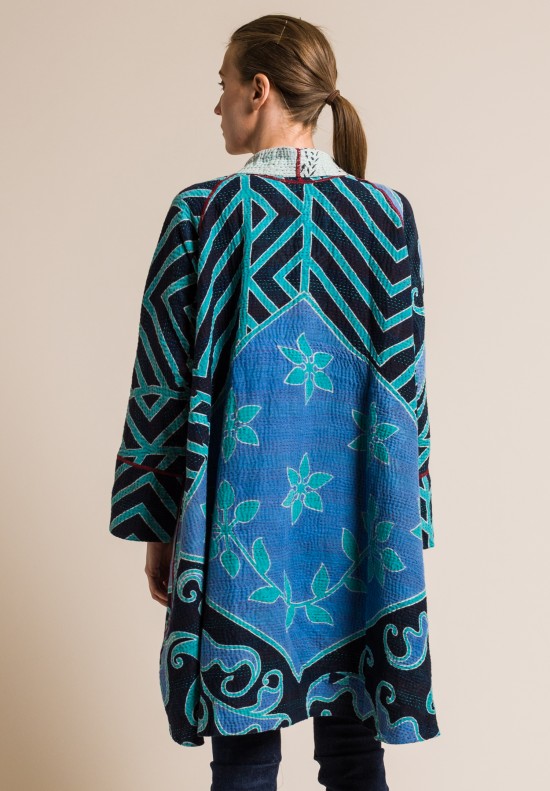 Mieko Mintz 4-Layer Vintage Cotton Long Kimono Jacket in Turquoise/Lavender