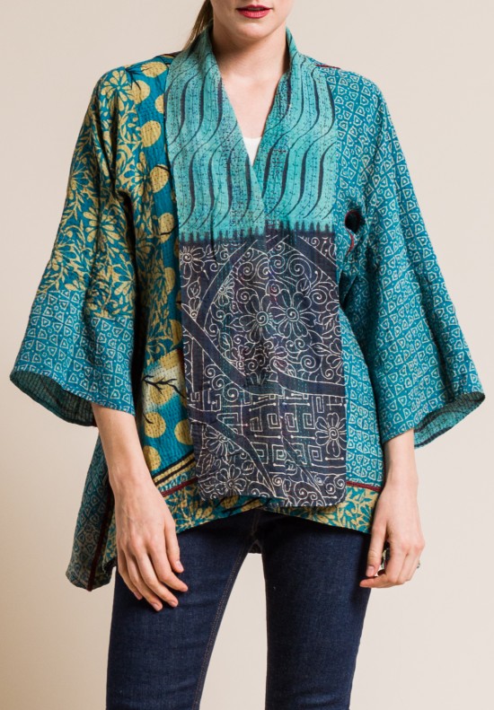 Mieko Mintz 2-Layer Vintage Cotton Kimono Jacket in Turquoise/Grey