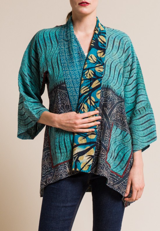 Mieko Mintz 2-Layer Vintage Cotton Kimono Jacket in Turquoise/Grey