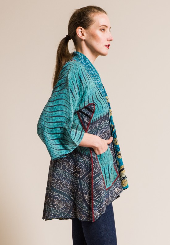 Mieko Mintz 2-Layer Vintage Cotton Kimono Jacket in Turquoise/Grey ...