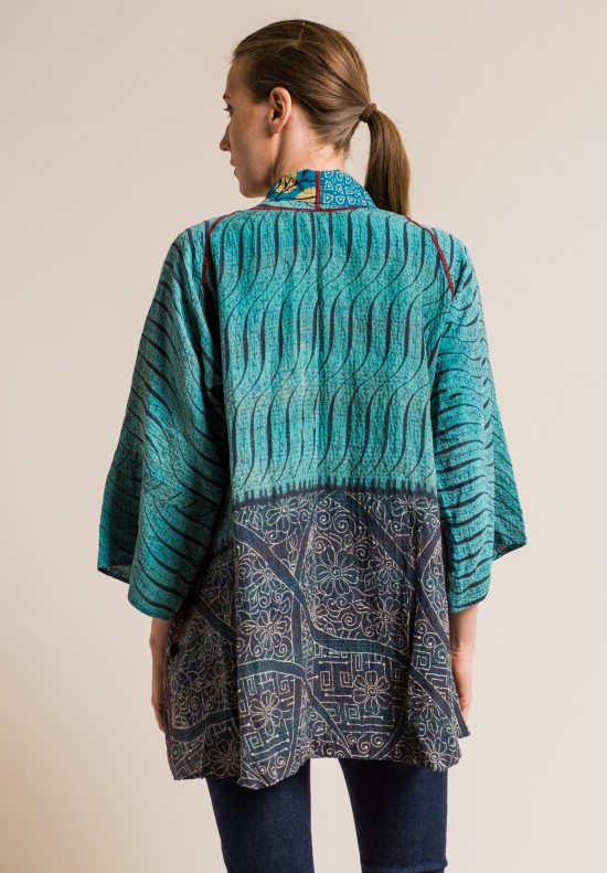 Mieko Mintz 2-Layer Vintage Cotton Kimono Jacket in Turquoise/Grey