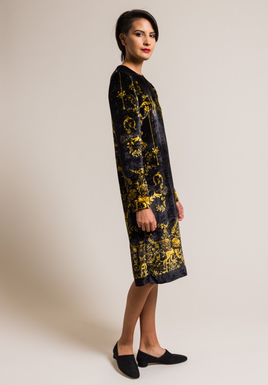 Alberta Ferretti Velvet Printed Relaxed Dress in Black/Gold