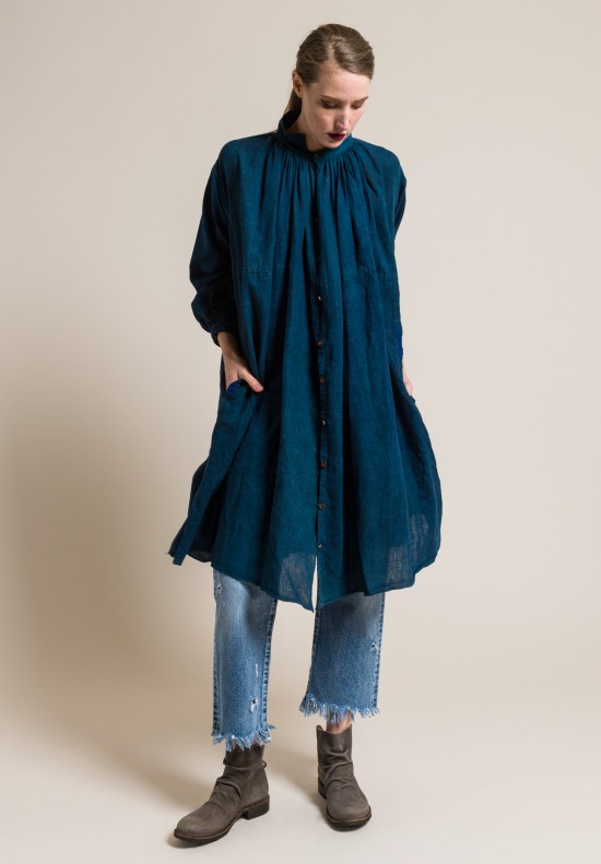 Kaval Japanese Antique Cotton & Linen Indigo Gathered Shirt Dress in Rich Indigo	