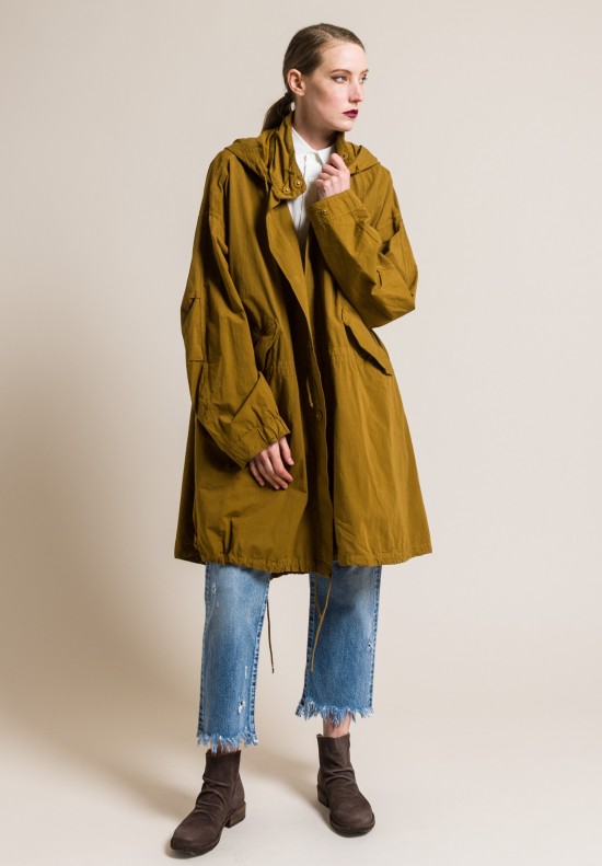 kaval Washed Heavy Cotton Hooded Overcoat in Mustard	