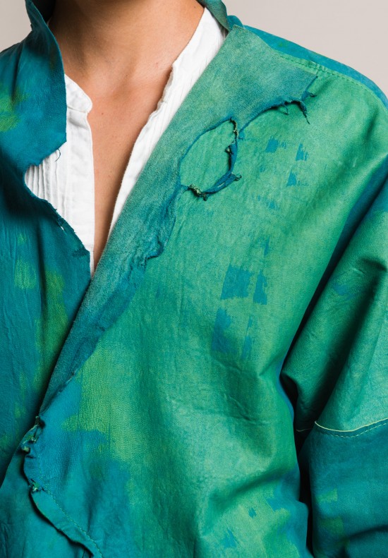 Susan Riedweg Washed Sheep Skin Tye-Dye Waistcoat Jacket in Turquoise Green