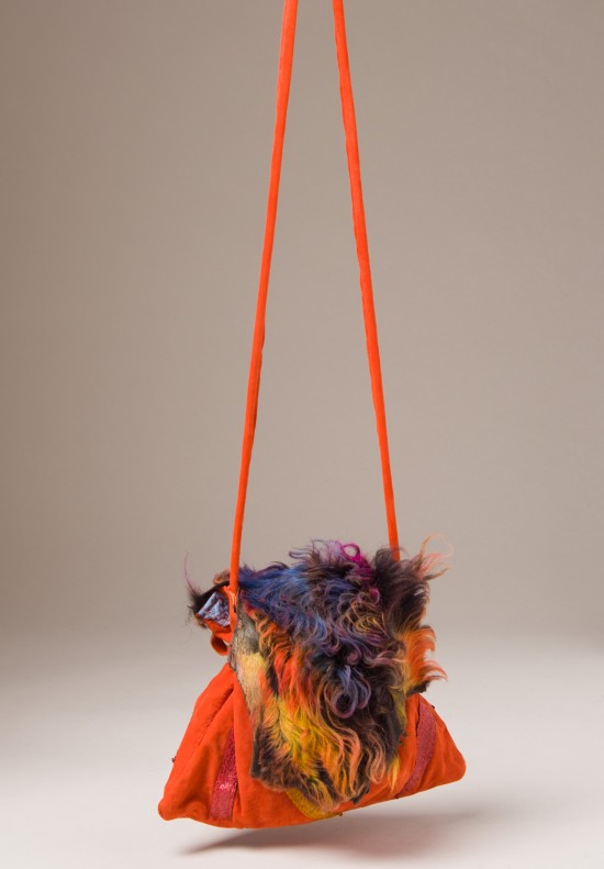 Susan Riedweg Lamb Leather & Fur Drawstring Bag in Orange Fish