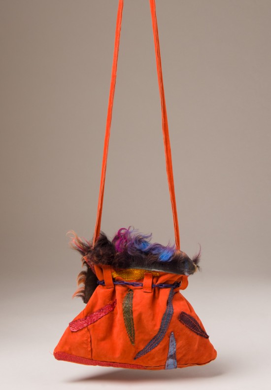 Susan Riedweg Lamb Leather & Fur Drawstring Bag in Orange Fish