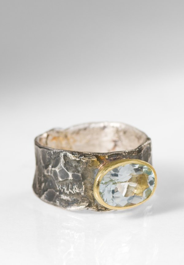 Disa Allsopp 18K Aquamarine, Oxidized Silver Wide Band Organic Ring