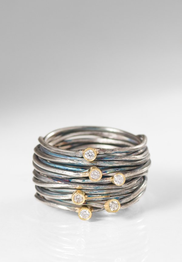 Disa Allsopp Oxidized Silver, 6 Diamond set in 18K Gold Spaghetti Ring