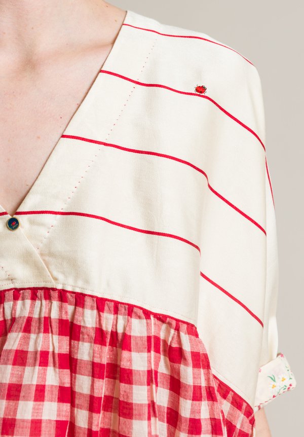 Péro Cotton/Silk Gingham V-Neck Oversized Top in Red
