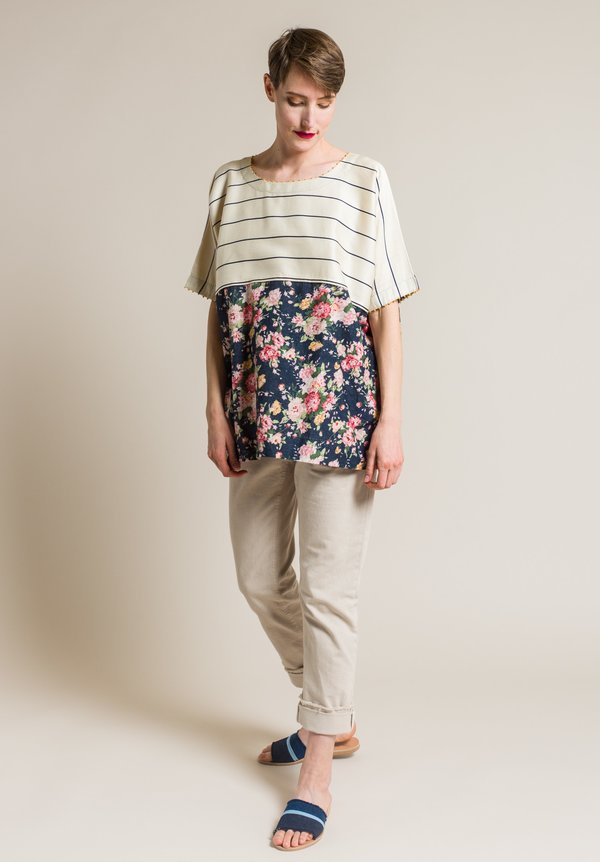 Péro Cotton/Silk Floral and Stripe Oversized Top in Navy