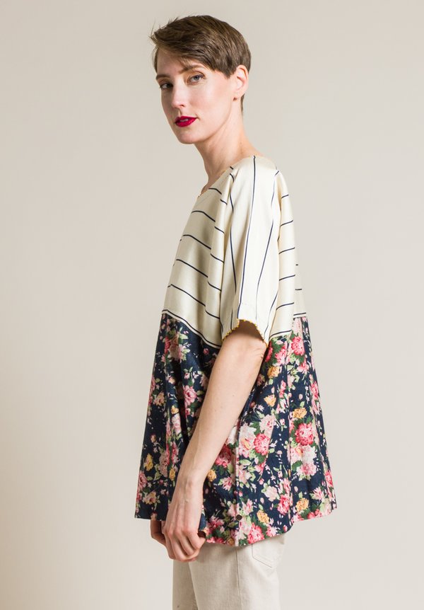 Péro Cotton/Silk Floral and Stripe Oversized Top in Navy