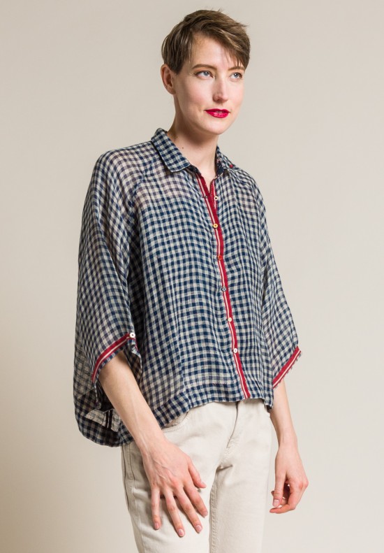 Péro Linen Gingham Short Oversize Shirt in Navy/Natural | Santa Fe Dry ...