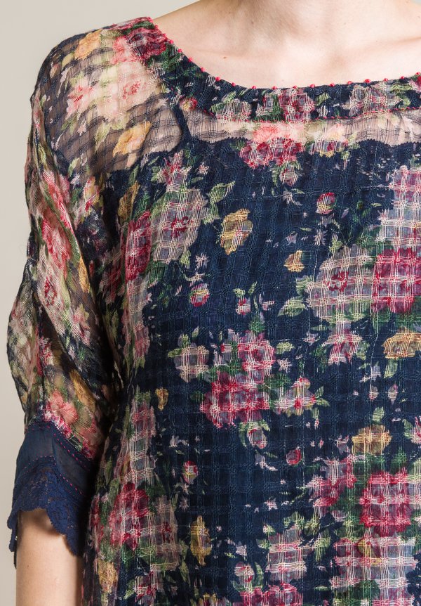 Péro Linen/Silk Oversized Floral Sheer Top in Navy