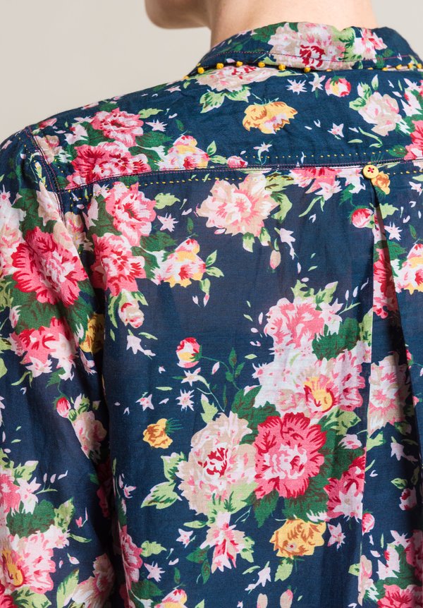 Péro Silk/Cotton Floral Button-Down Tunic in Navy