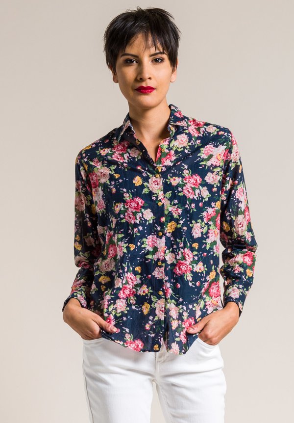 Péro Silk/Cotton Floral Button-Down Shirt in Navy