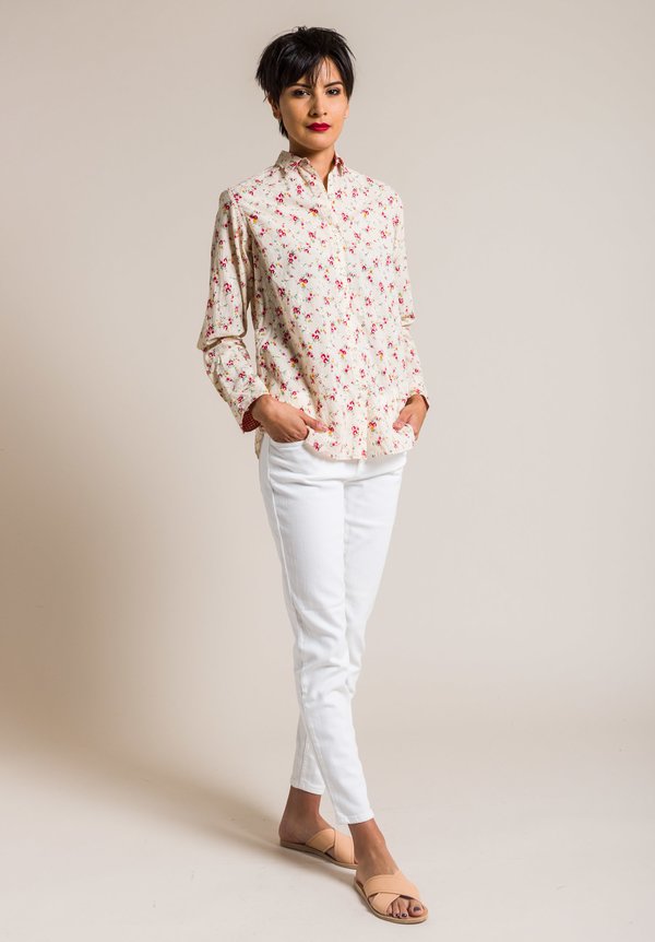 Péro Cotton Red Flower Button-Down Shirt in Cream