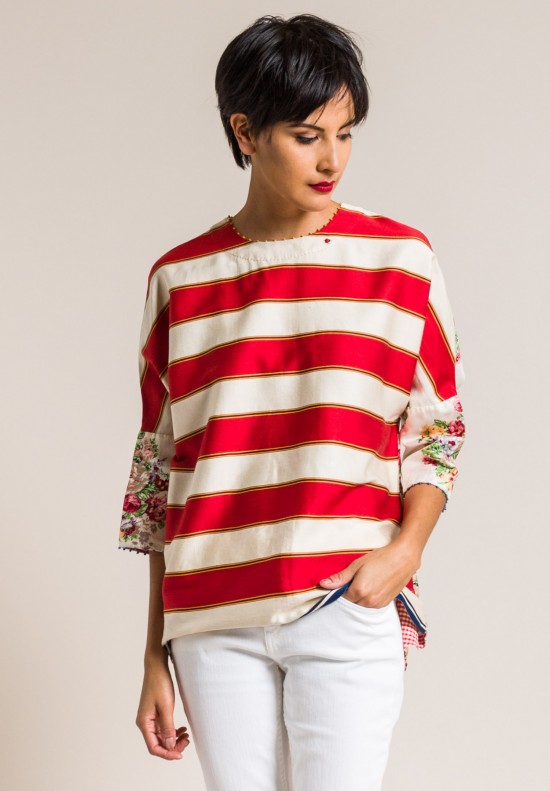 Péro Cotton/Silk Back Button-Down Top in Red Striped/Floral