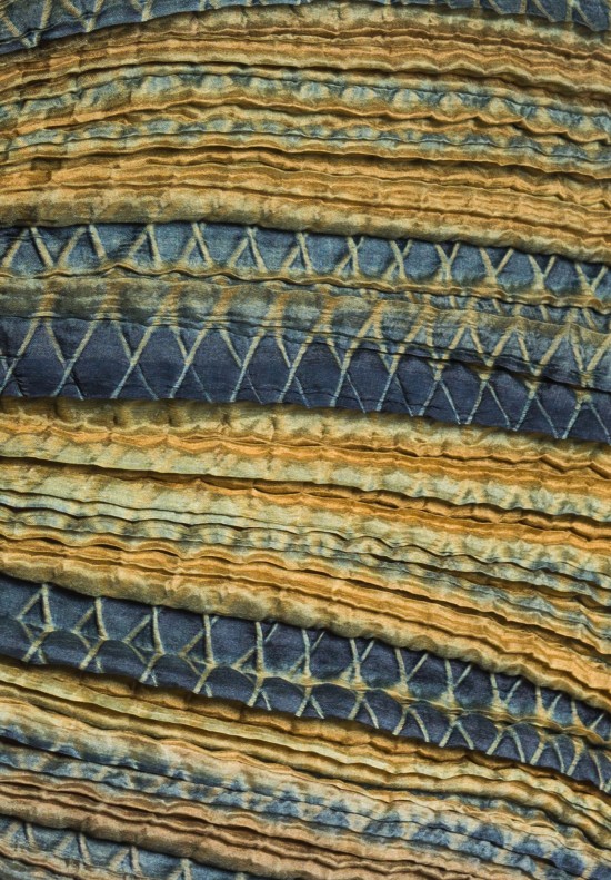 Tal Silk Rectangular Pleated Shibori Scarf in Gold/Navy