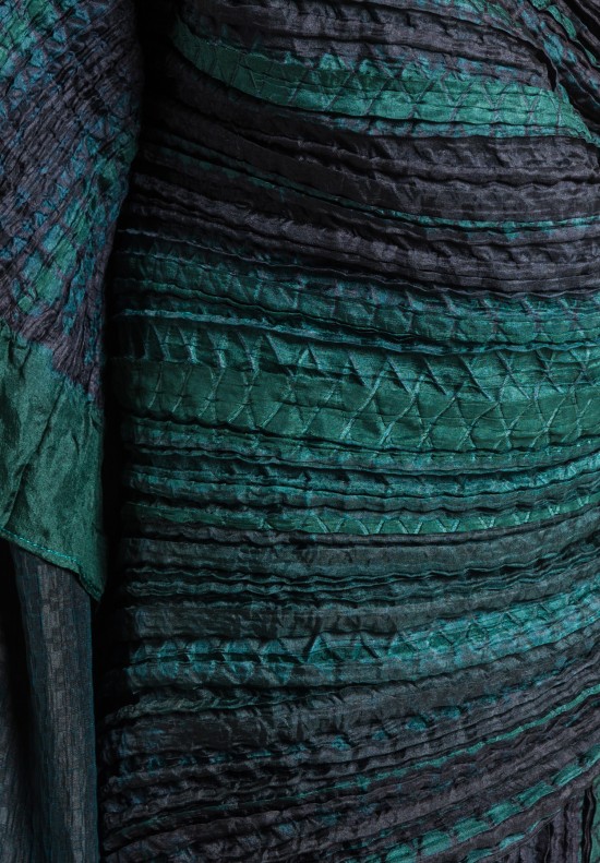 Tal Silk Rectangular Pleated Shibori Scarf in Green/Navy