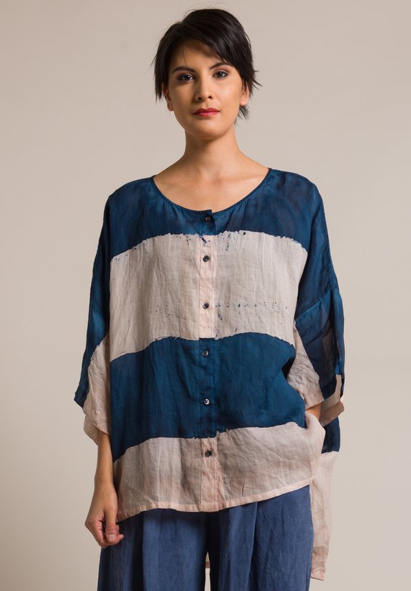 Gilda Midani Stripe Linen Button-Down Super Shirt in Cream & Deep Blue ...