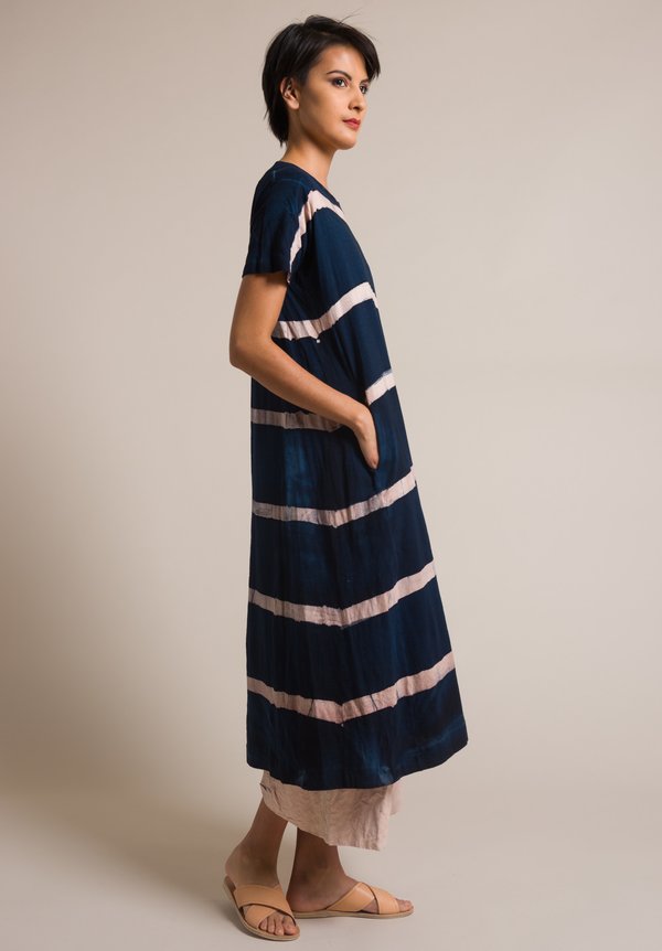 Gilda Midani Stripe Pattern Short Sleeve Cotton Maria Dress in Cream Pink & Deep Blue