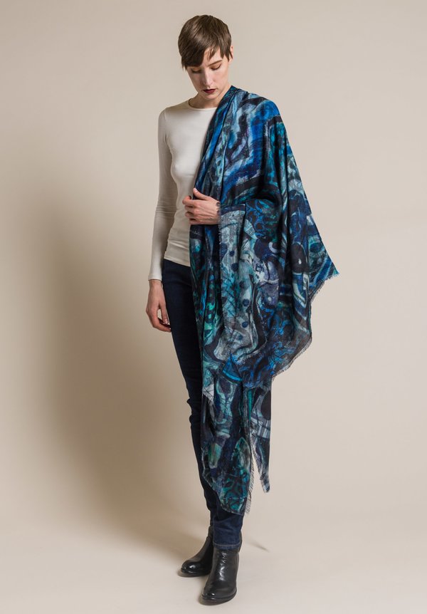 Alonpi Cashmere Cashmere/Silk Printed Scarf in Cosmo Blue