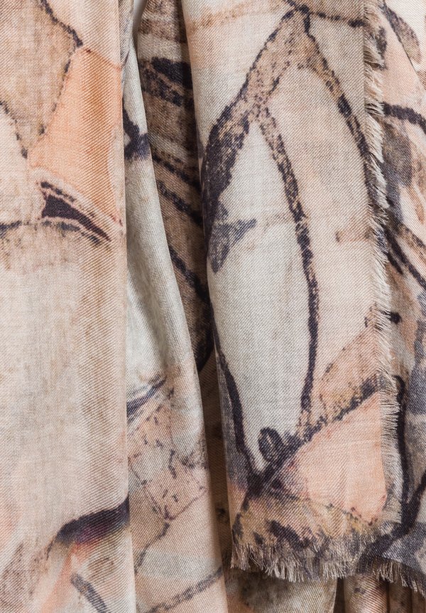 Alonpi Cashmere Cashmere/Silk Printed Scarf in Natural Leaf