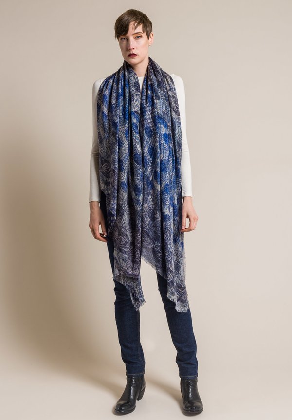 Alonpi Cashmere Cashmere/Silk Printed Scarf in Quilt Blue