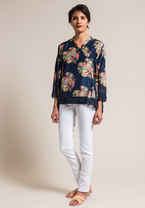 Péro by Aneeth Arora Silk Pink Floral Print Cross Over Top in Navy Blue