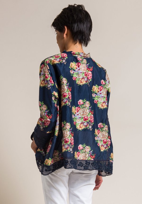 Péro by Aneeth Arora Silk Pink Floral Print Cross Over Top in Navy Blue
