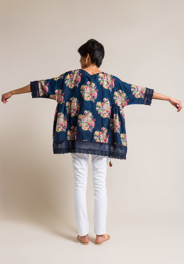 Péro by Aneeth Arora Silk Oversize A-Line Pink Floral Print Top in Navy Blue