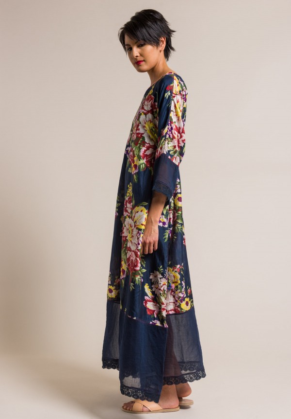 Péro by Aneeth Arora Silk Large Floral Print Long Dress in Navy Blue